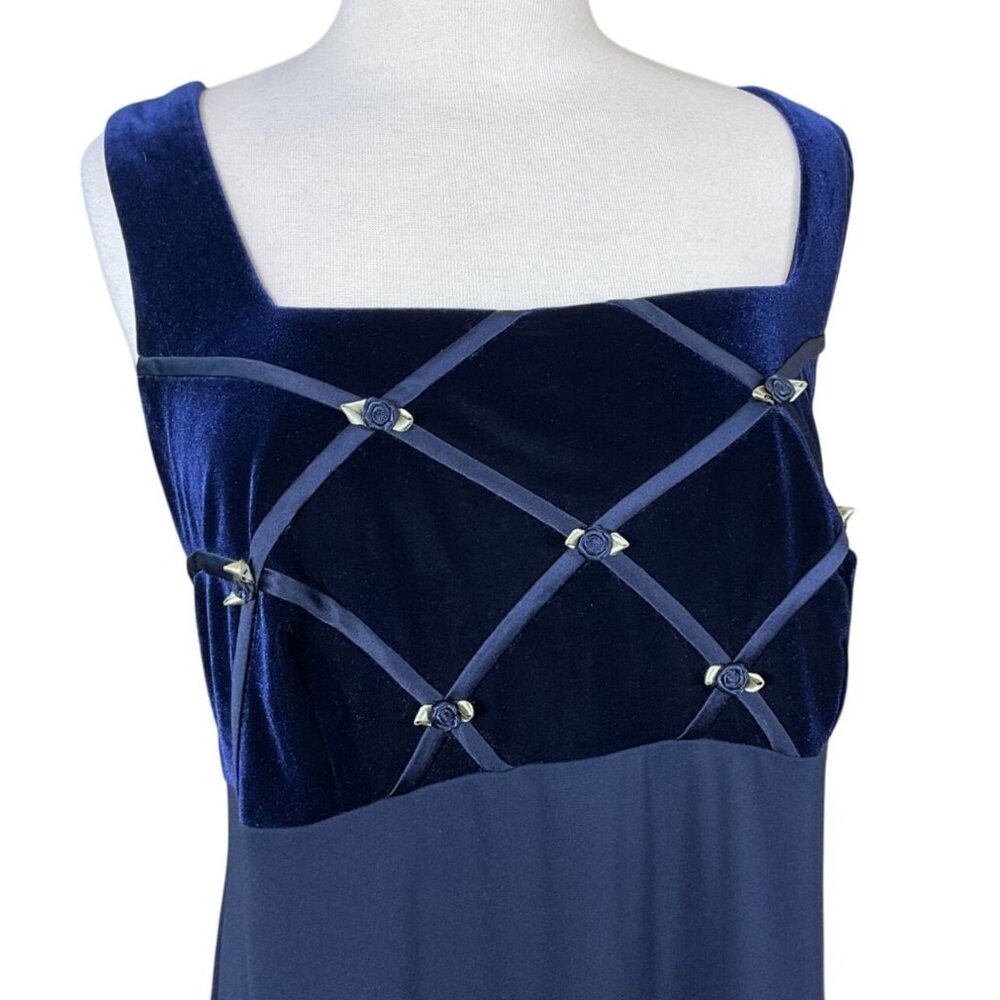 Betsy & Adam By Jaslene Navy Crepe & Velvet Sleeveless Gown Ribbon Accents 18W - Picture 3 of 9
